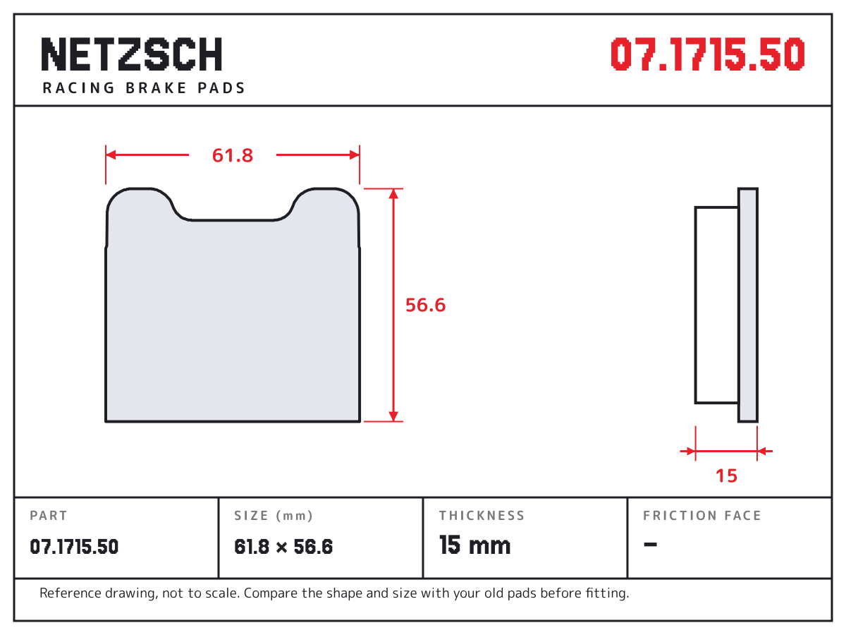 NETZSCH 07.1715.50 brake pad drawing: 61.8 × 56.6 mm, 15 mm thick