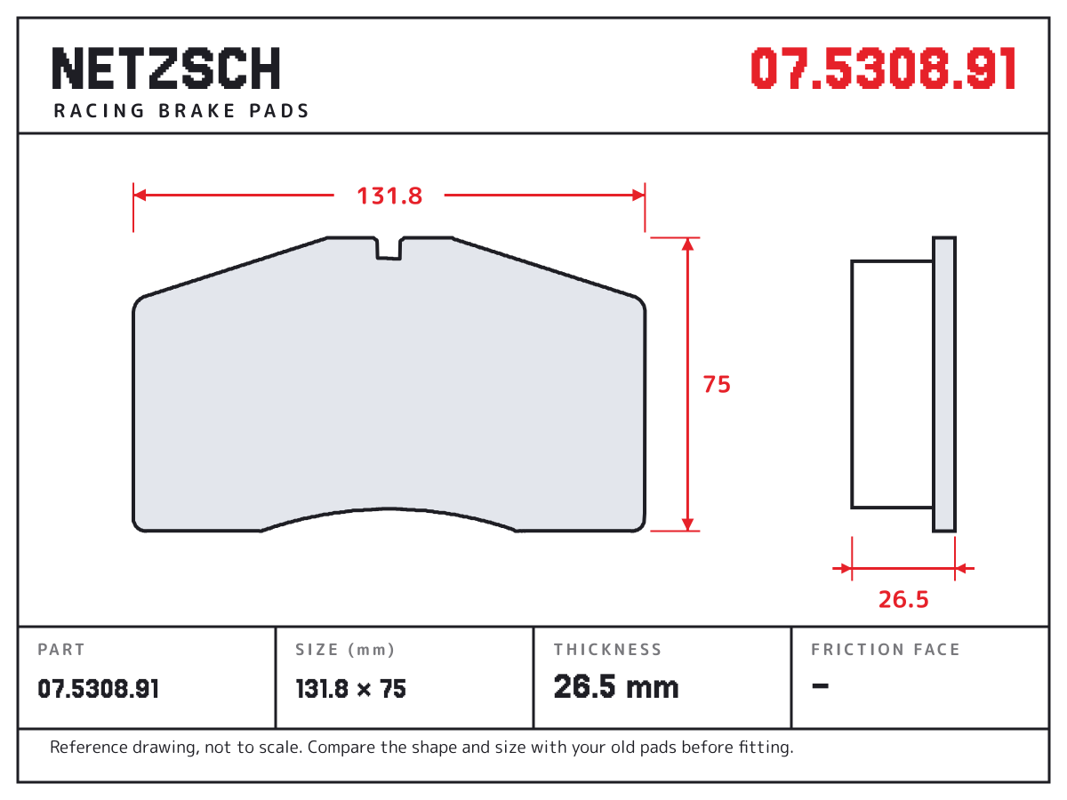 NETZSCH 07.5308.91 brake pad drawing: 131.8 × 75 mm, 26.5 mm thick