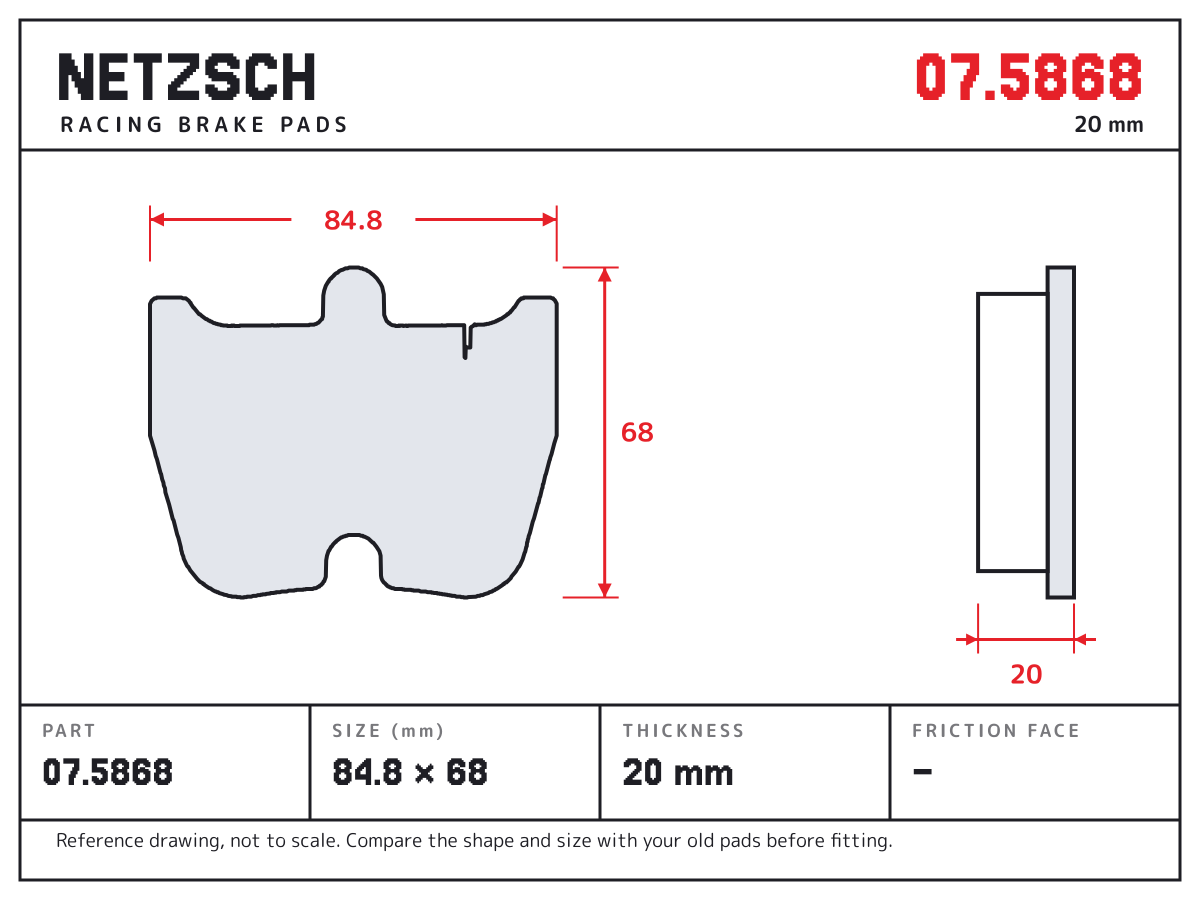 NETZSCH 07.5868 brake pad drawing: 84.8 × 68 mm, 20 mm thick