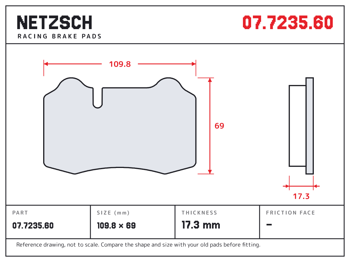 NETZSCH 07.7235.60 brake pad drawing: 109.8 × 69 mm, 17.3 mm thick