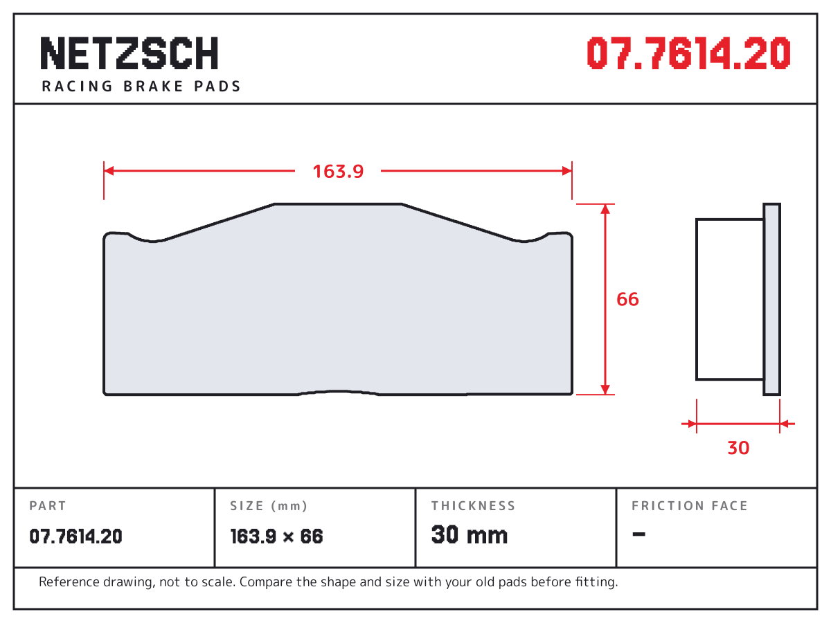 NETZSCH 07.7614.20 brake pad drawing: 163.9 × 66 mm, 30 mm thick
