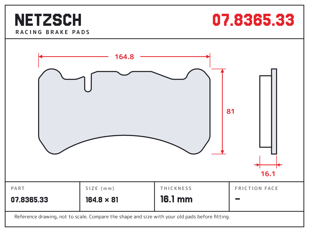 NETZSCH 07.8365.33 brake pad drawing: 164.8 × 81 mm, 16.1 mm thick
