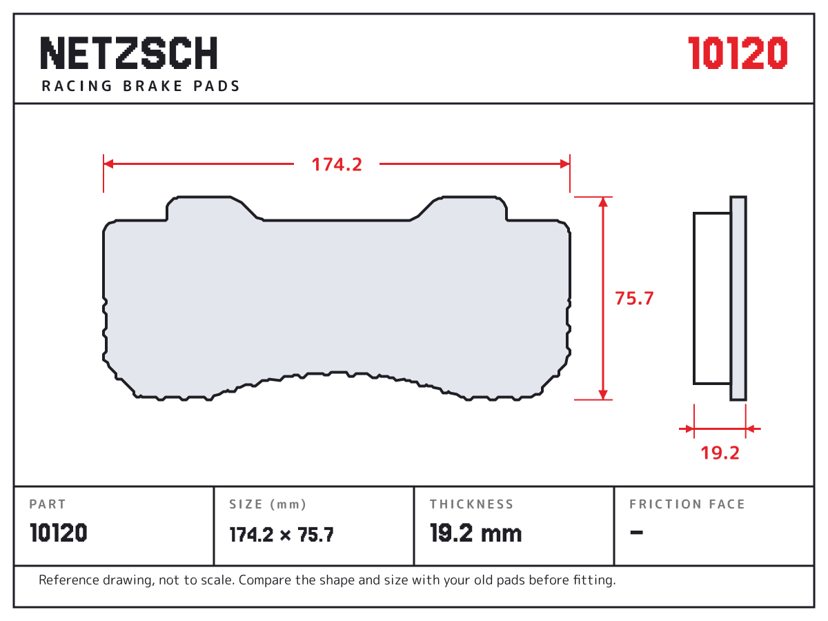 NETZSCH 10120 brake pad drawing: 174.2 × 75.7 mm, 19.2 mm thick