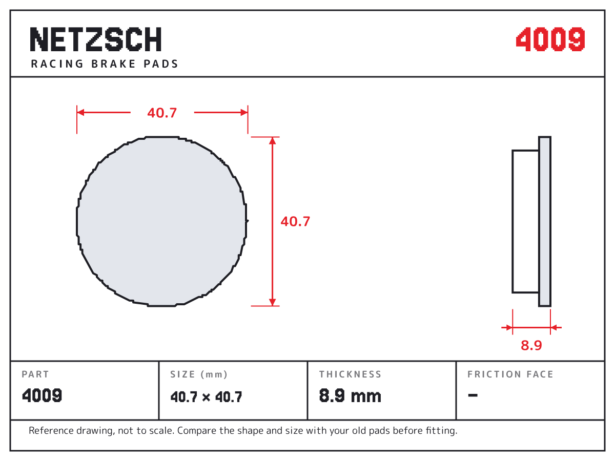 NETZSCH 4009 brake pad drawing: 40.7 × 40.7 mm, 8.9 mm thick