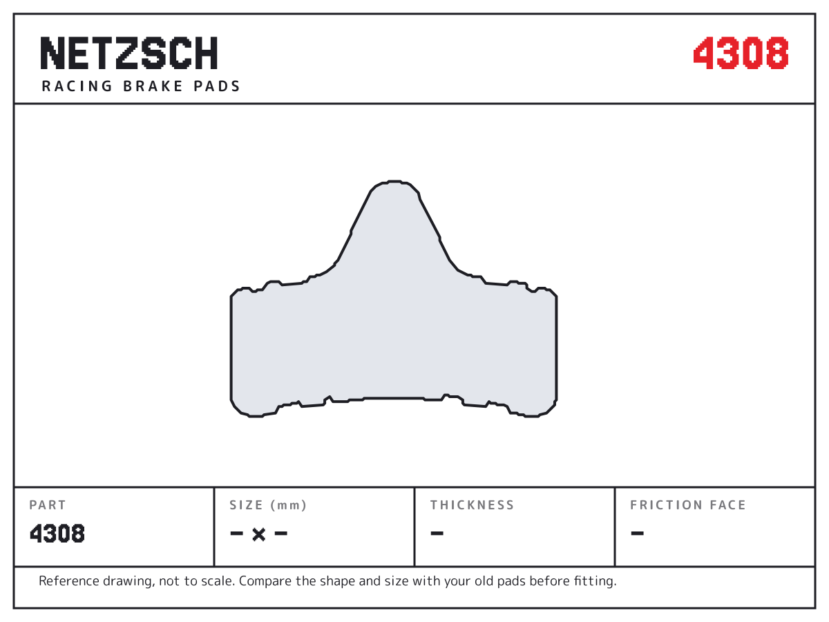 NETZSCH 4308 brake pad drawing: unconfirmed × unconfirmed mm, 7.6 mm thick