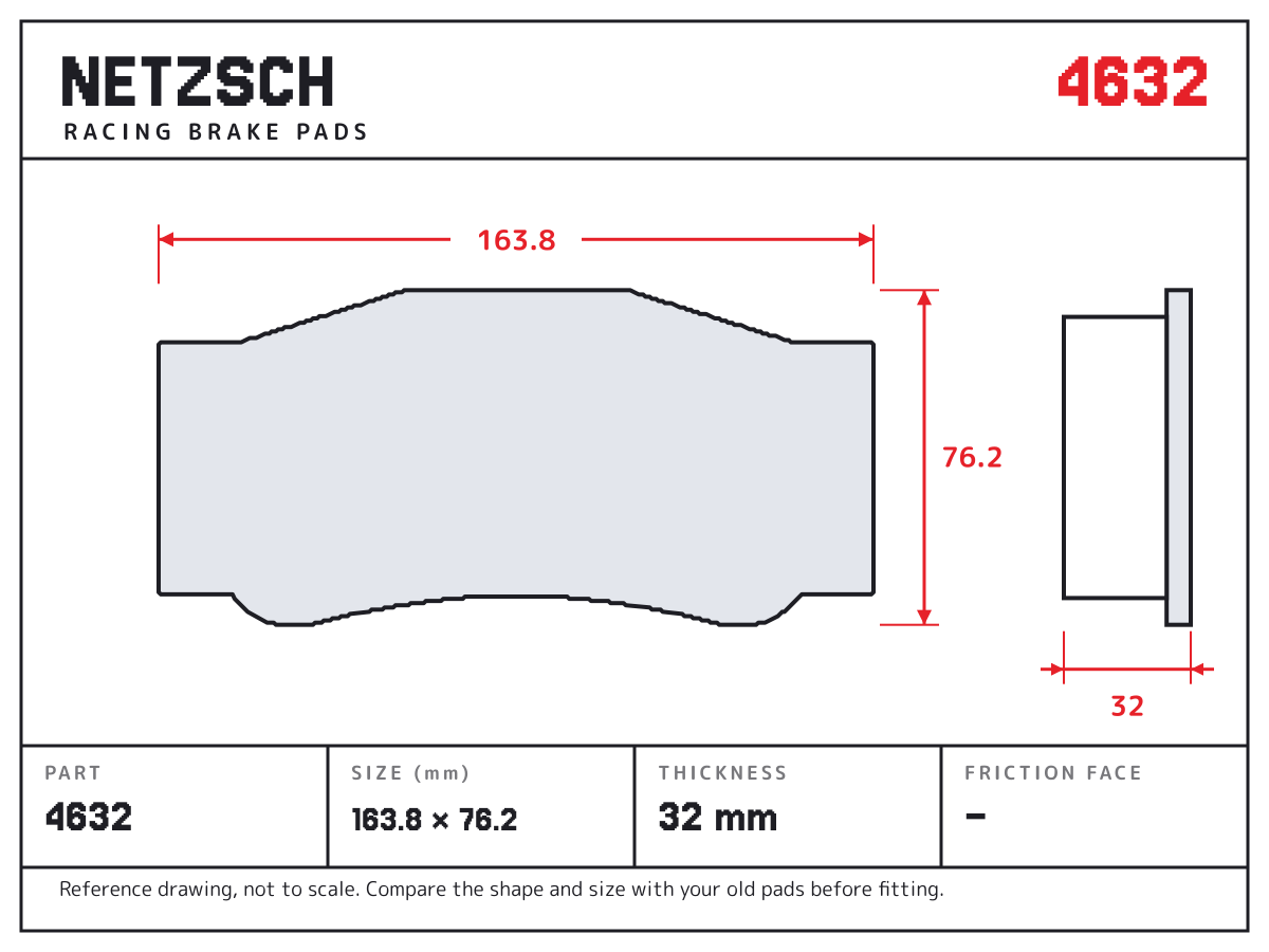 NETZSCH 4632 brake pad drawing: 163.8 × 76.2 mm, 32 mm thick
