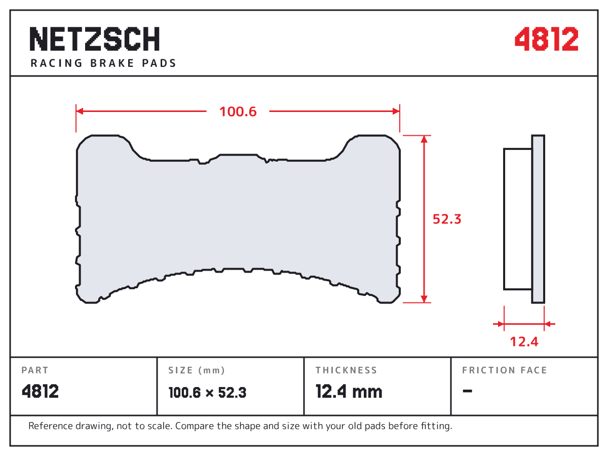 NETZSCH 4812 brake pad drawing: 100.6 × 52.3 mm, 12.4 mm thick
