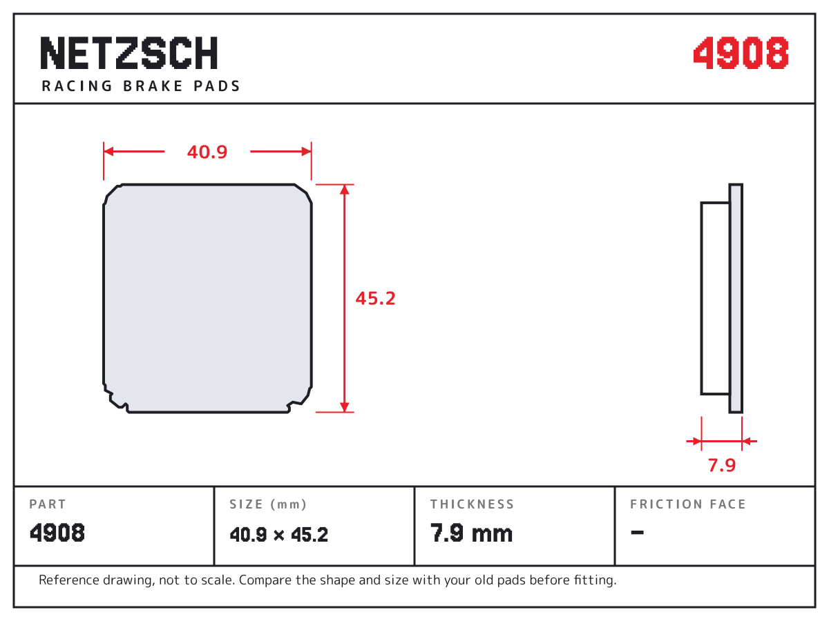 NETZSCH 4908 brake pad drawing: 40.9 × 45.2 mm, 7.9 mm thick