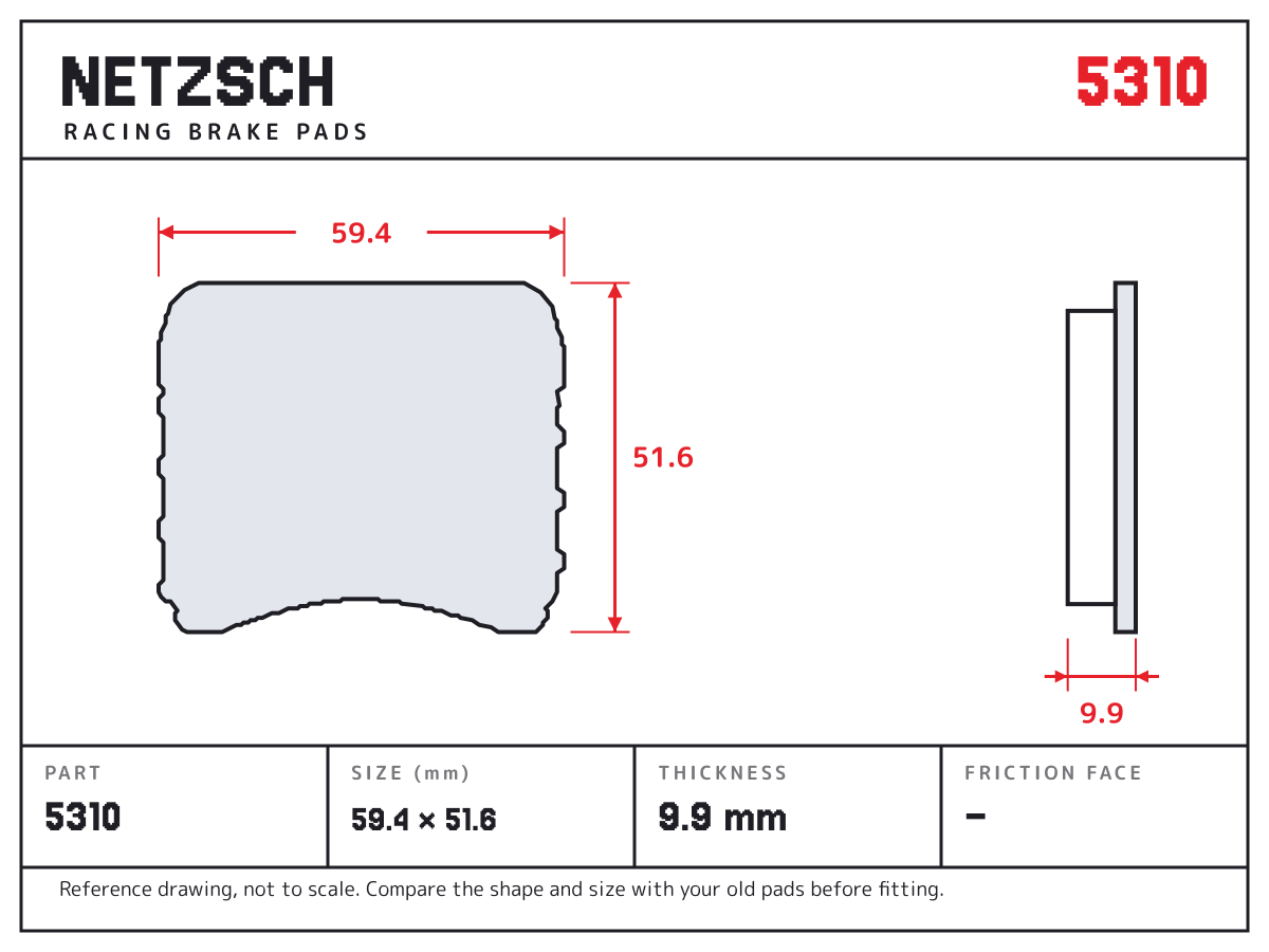 NETZSCH 5310 brake pad drawing: 59.4 × 51.6 mm, 9.9 mm thick