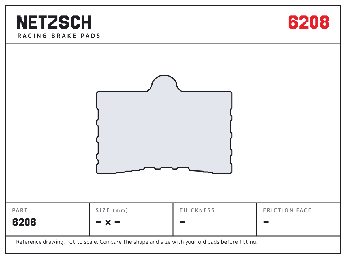 NETZSCH 6208 brake pad drawing: unconfirmed × unconfirmed mm, 7.6 mm thick