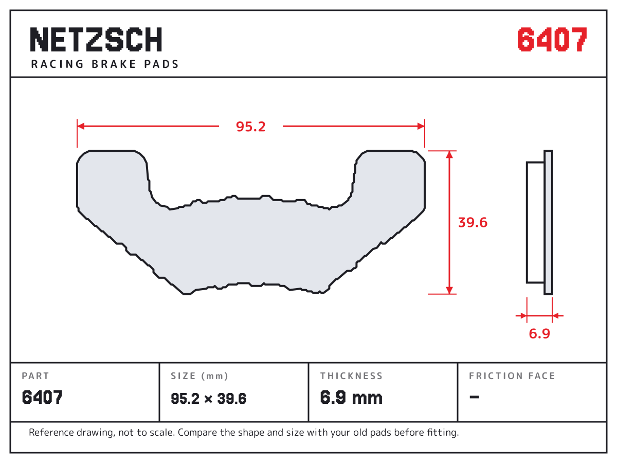 NETZSCH 6407 brake pad drawing: 95.2 × 39.6 mm, 6.9 mm thick