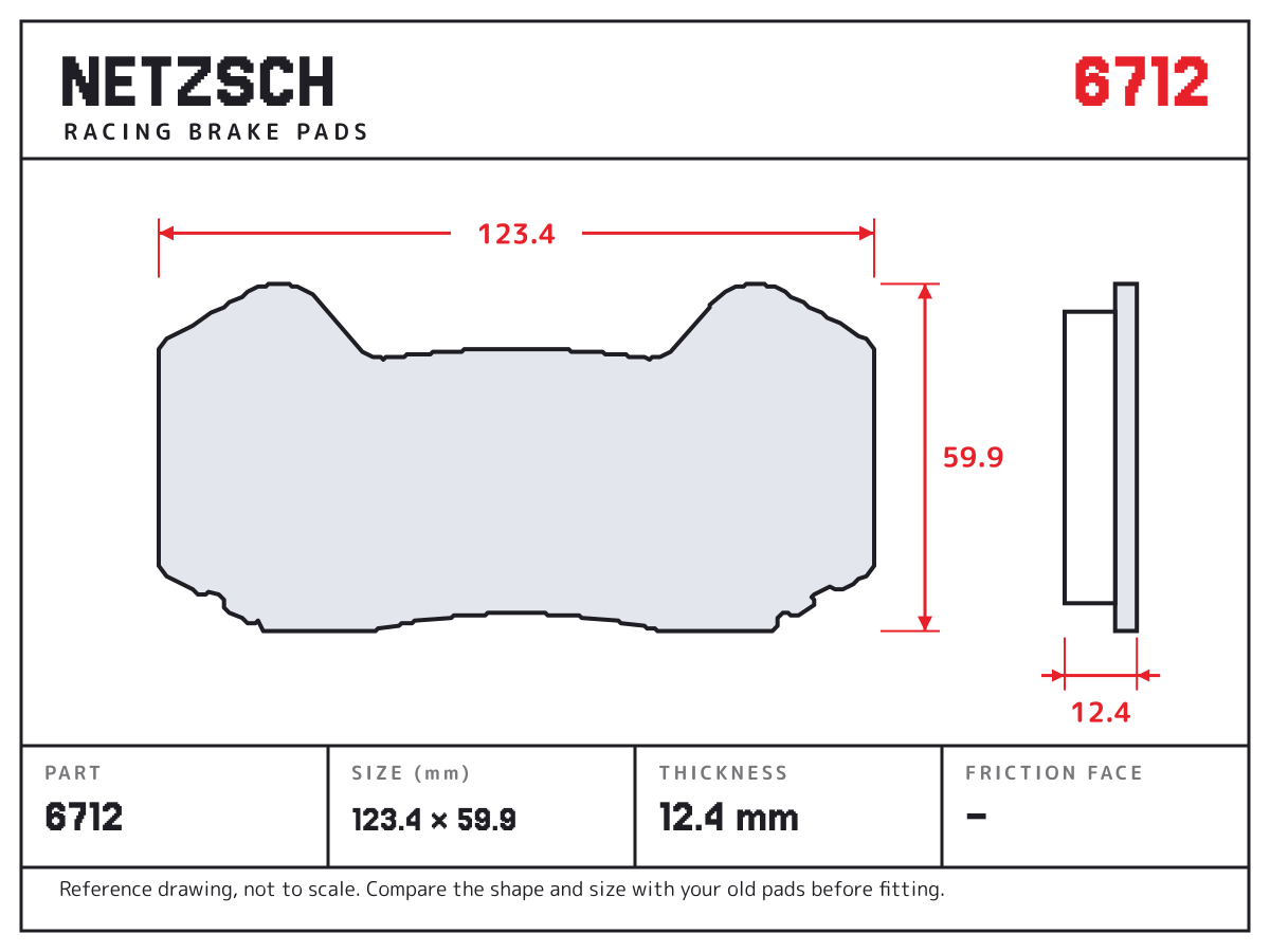 NETZSCH 6712 brake pad drawing: 123.4 × 59.9 mm, 12.4 mm thick