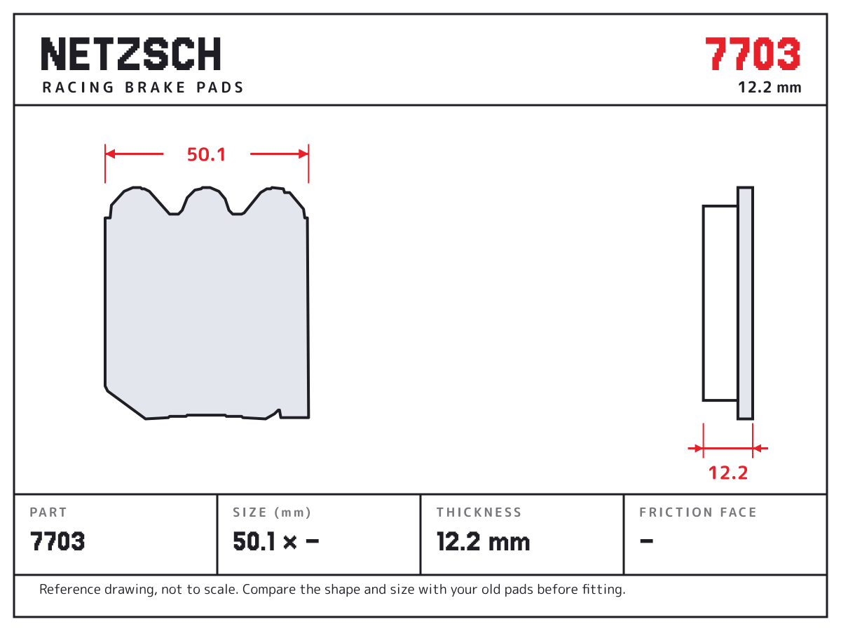 NETZSCH 7703 brake pad drawing: 50.1 × unconfirmed mm, 12.2 mm thick