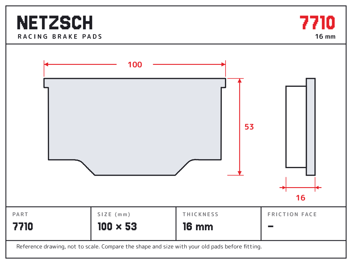 NETZSCH 7710 brake pad drawing: 100 × 53 mm, 16 mm thick