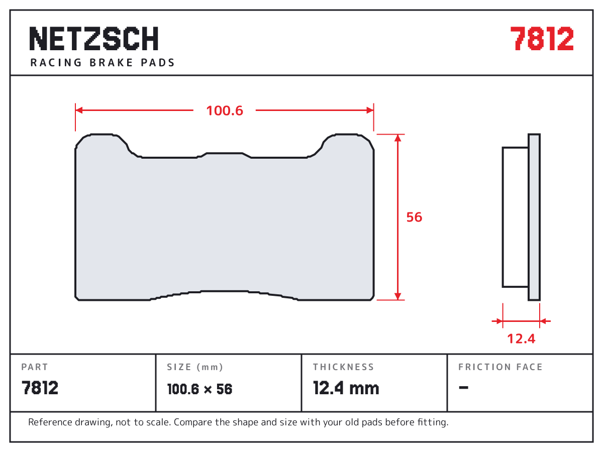 NETZSCH 7812 brake pad drawing: 100.6 × 56 mm, 12.4 mm thick