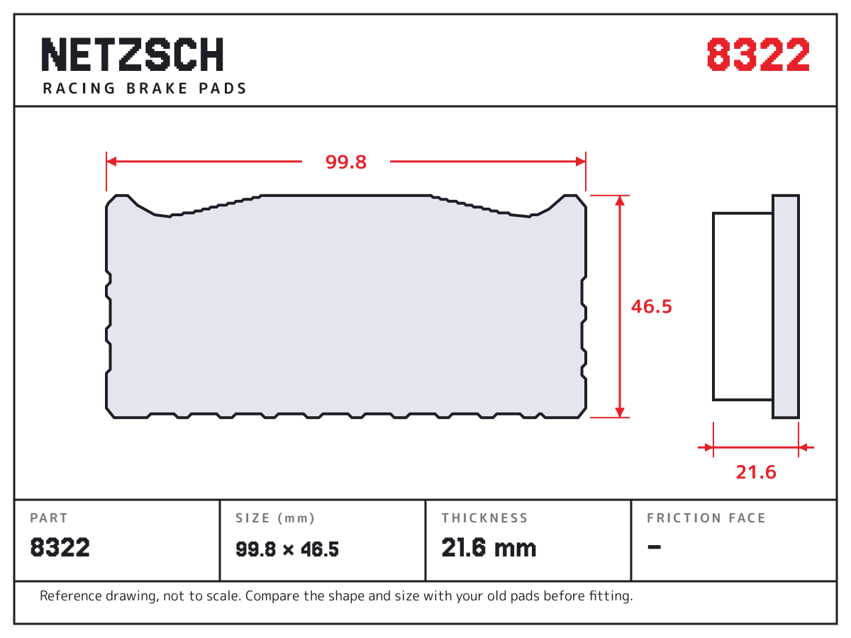 NETZSCH 8322 brake pad drawing: 99.8 × 46.5 mm, 21.6 mm thick