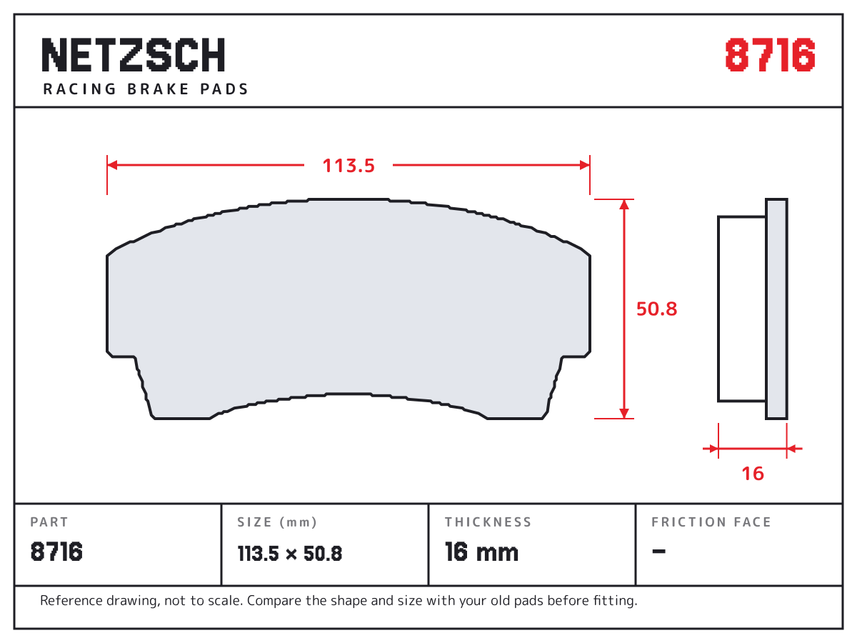 NETZSCH 8716 brake pad drawing: 113.5 × 50.8 mm, 16 mm thick