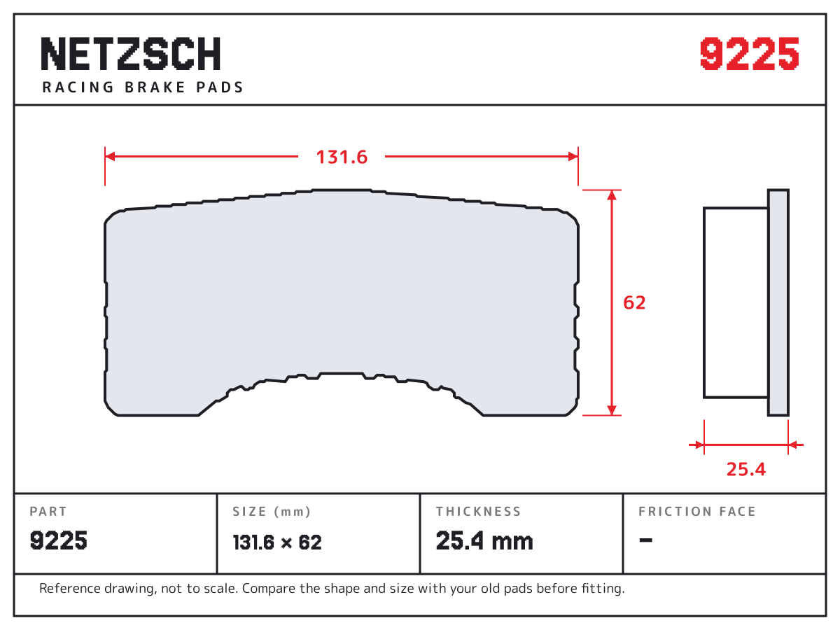 NETZSCH 9225 brake pad drawing: 131.6 × 62 mm, 25.4 mm thick