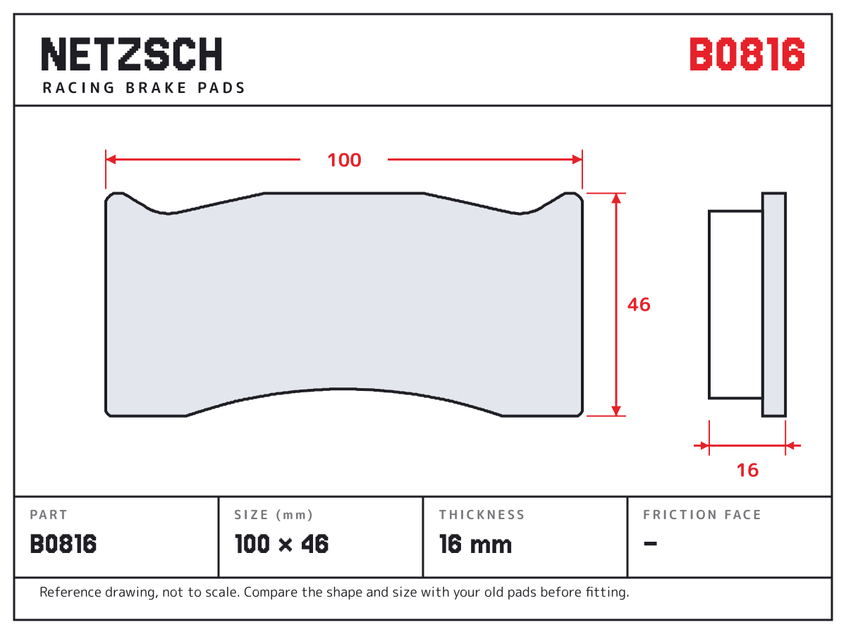 NETZSCH B0816 brake pad drawing: 100 × 46 mm, 16 mm thick