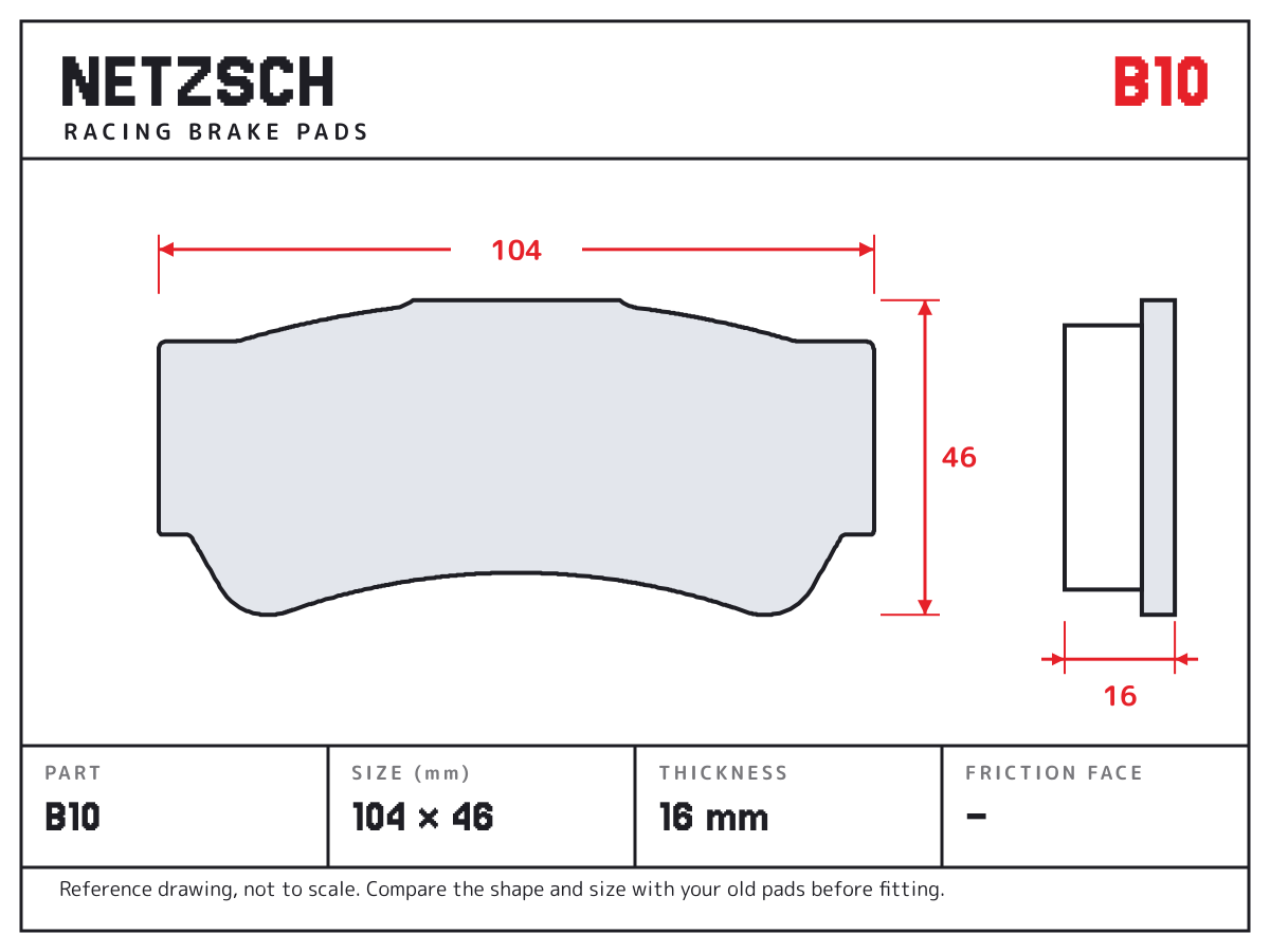 NETZSCH B10 brake pad drawing: 104 × 46 mm, 16 mm thick
