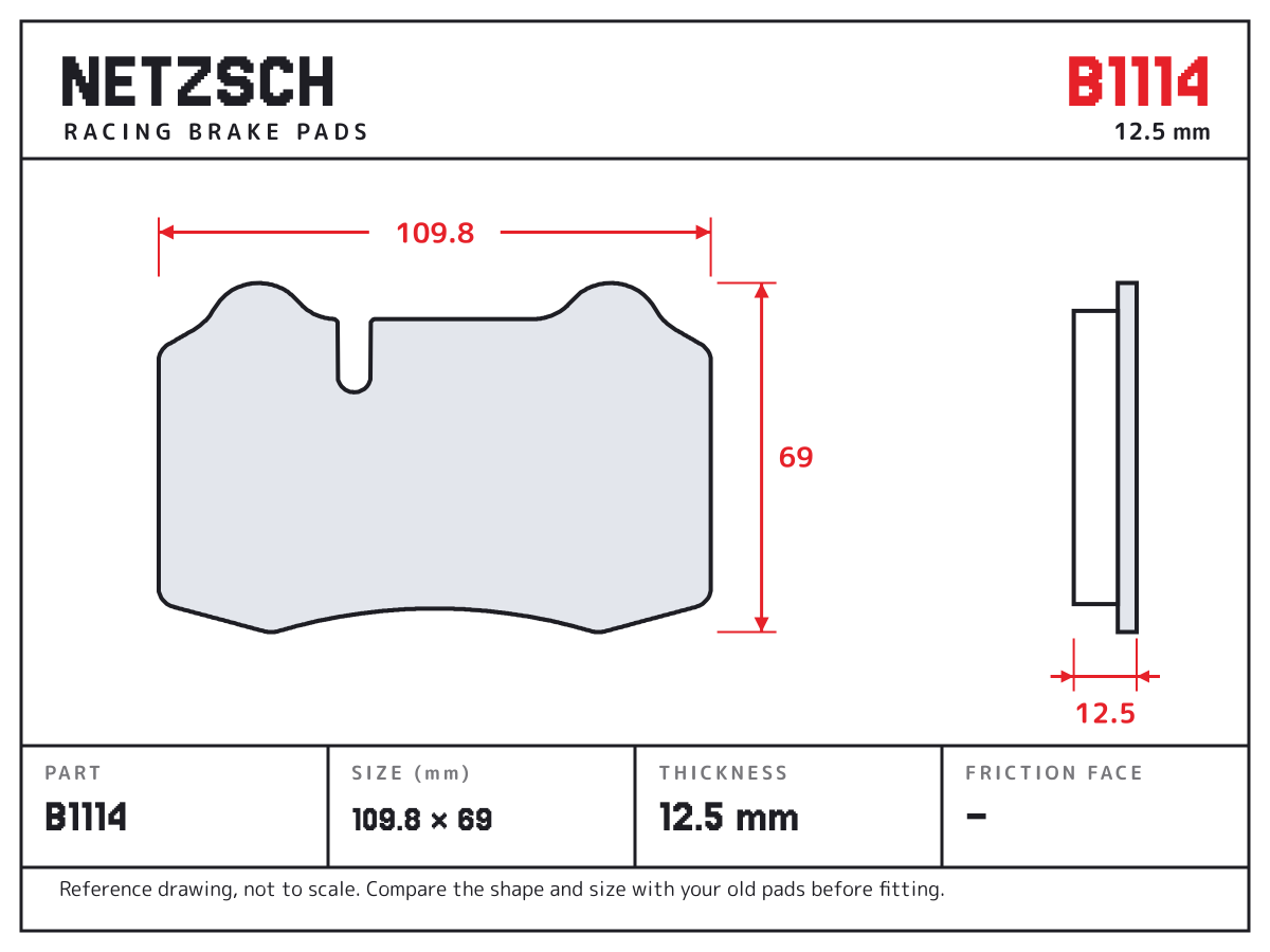 NETZSCH B1114 brake pad drawing: 109.8 × 69 mm, 12.5 mm thick