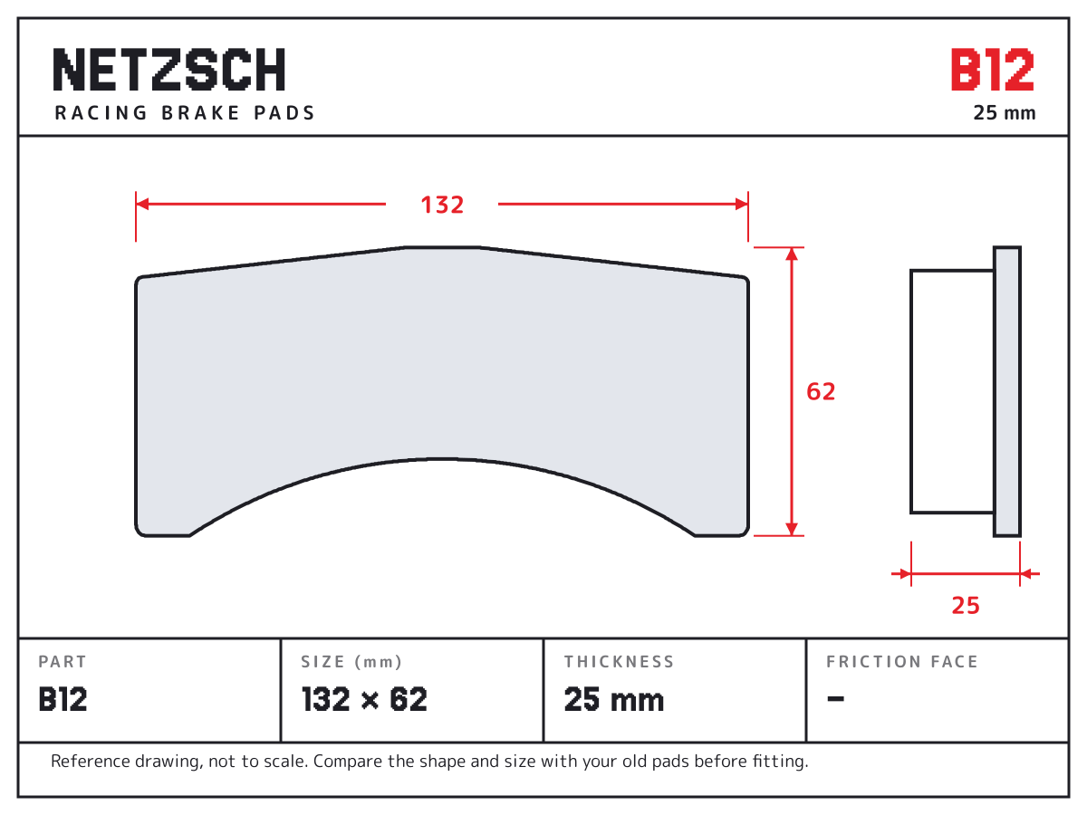 NETZSCH B12 brake pad drawing: 132 × 62 mm, 25 mm thick