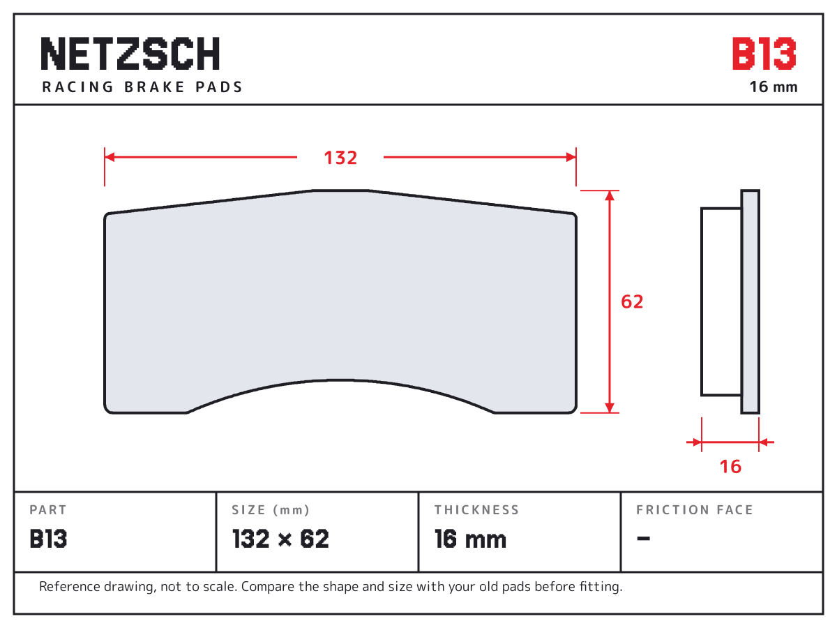 NETZSCH B13 brake pad drawing: 132 × 62 mm, 16 mm thick