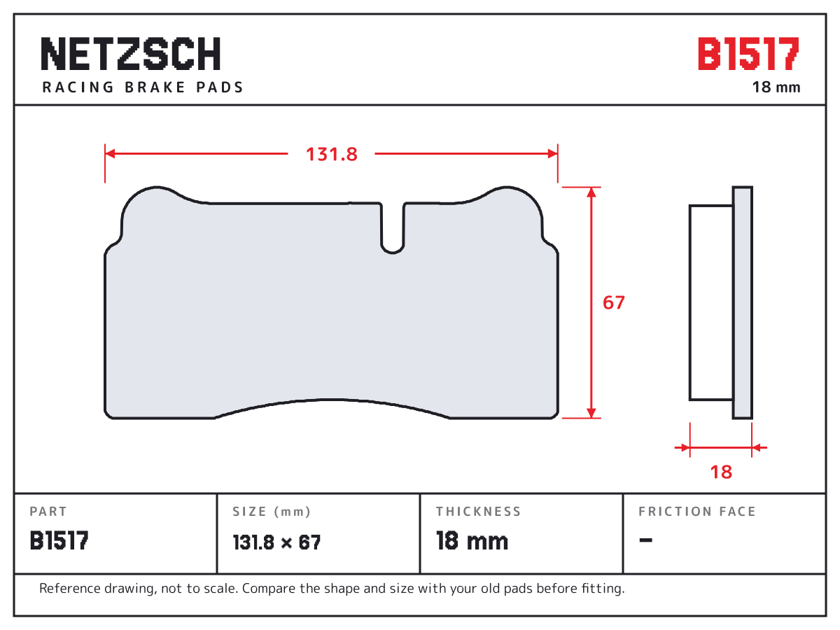 NETZSCH B1517 brake pad drawing: 131.8 × 67 mm, 18 mm thick