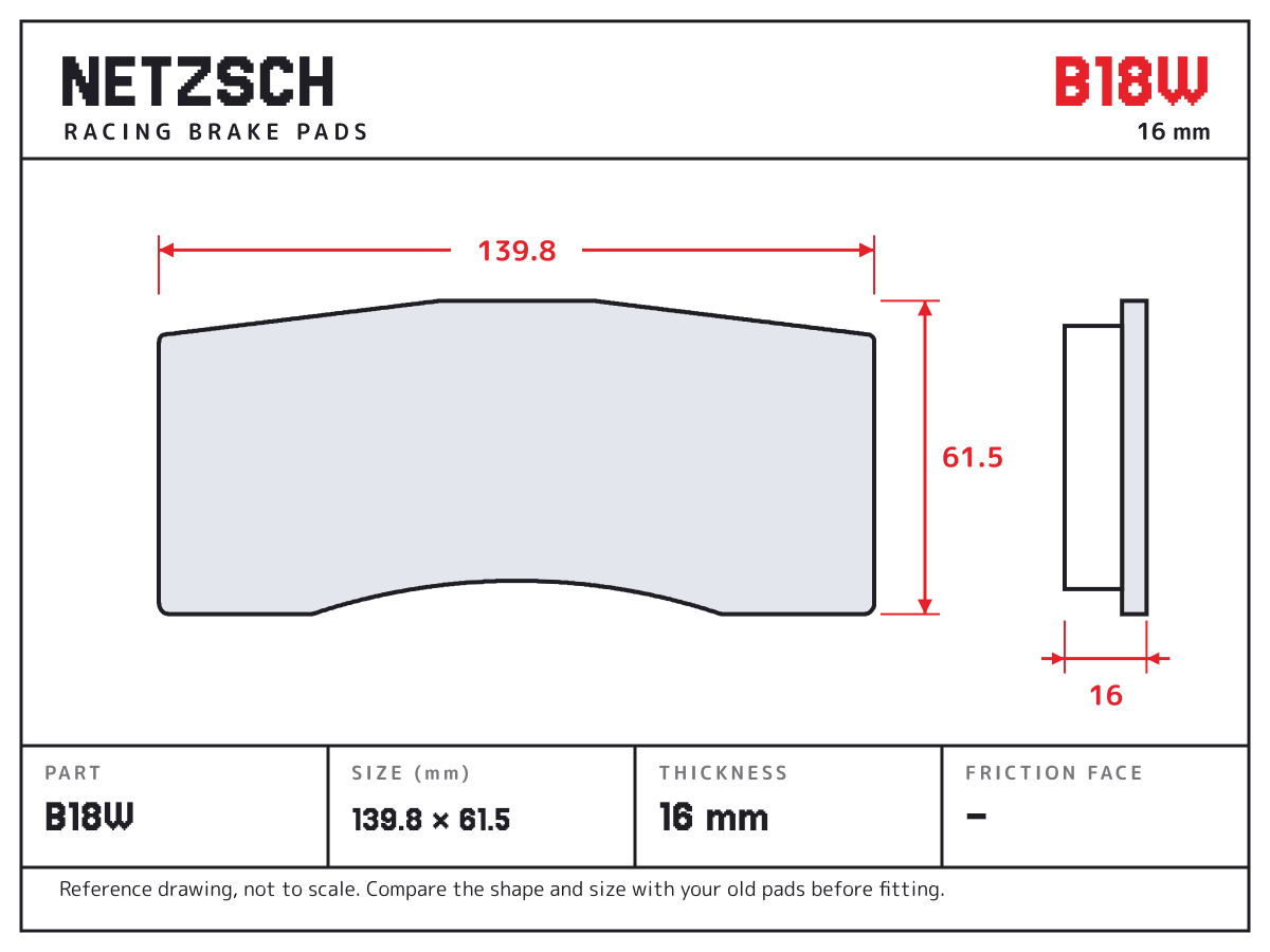 NETZSCH B18W brake pad drawing: 139.8 × 61.5 mm, 16 mm thick