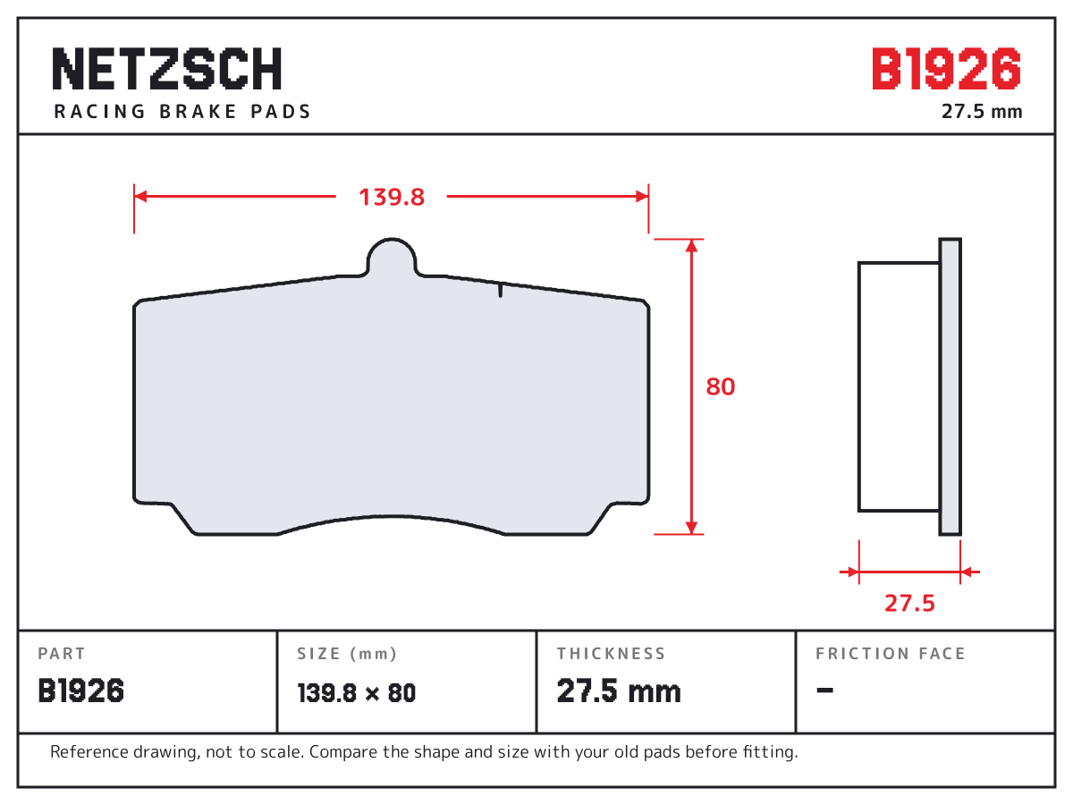 NETZSCH B1926 brake pad drawing: 139.8 × 80 mm, 27.5 mm thick