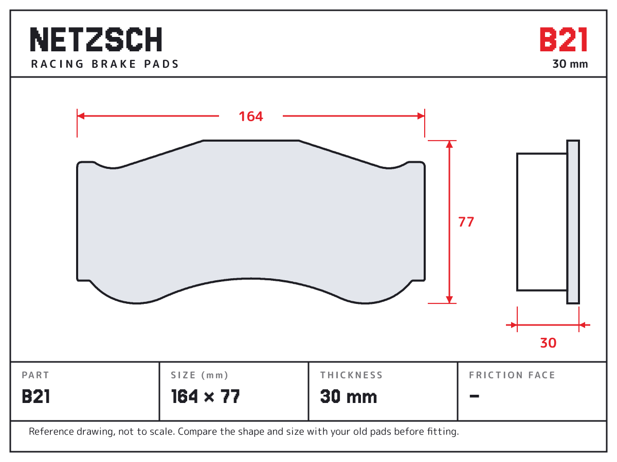 NETZSCH B21 brake pad drawing: 164 × 77 mm, 30 mm thick