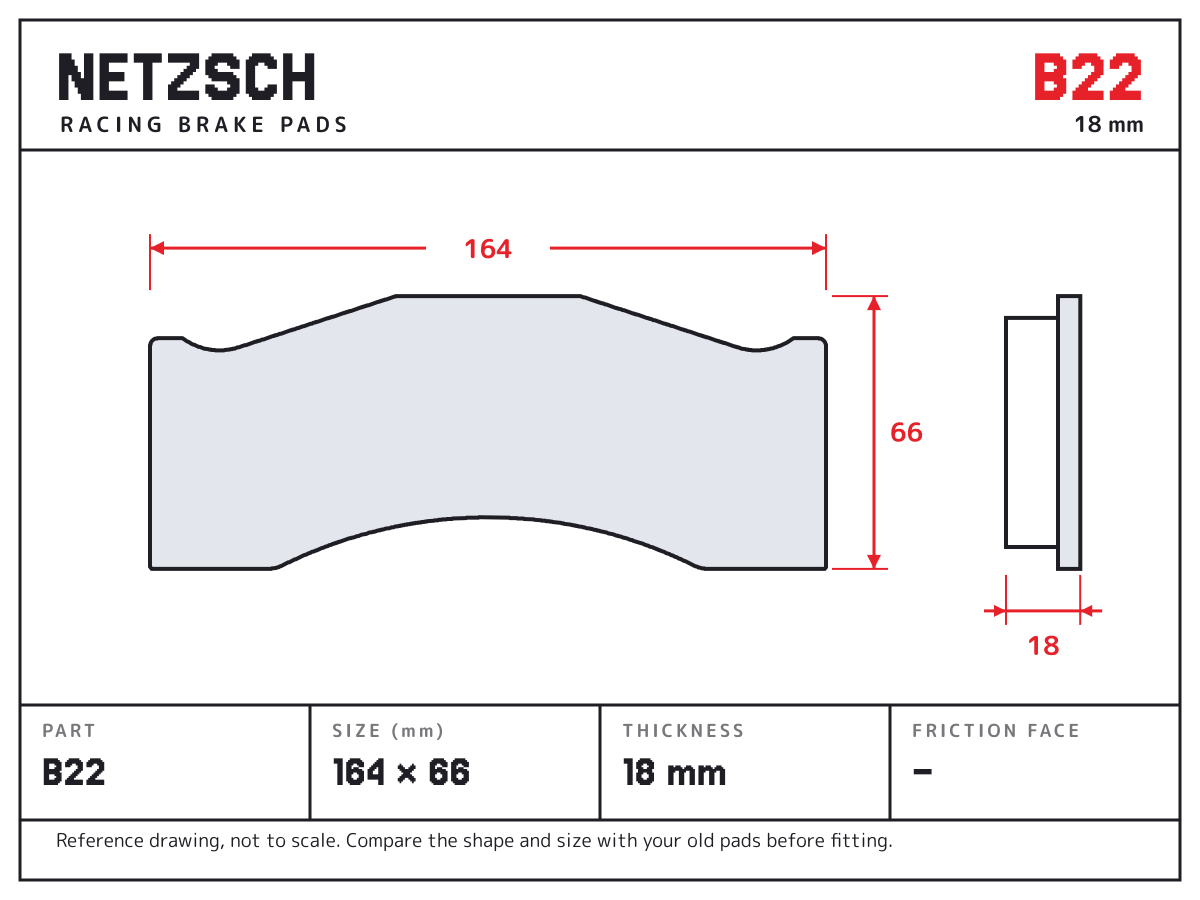 NETZSCH B22 brake pad drawing: 164 × 66 mm, 18 mm thick