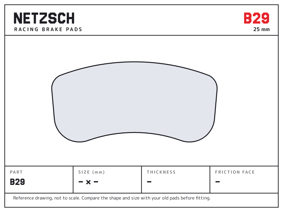 NETZSCH B29 brake pad drawing: unconfirmed × unconfirmed mm, 25 mm thick