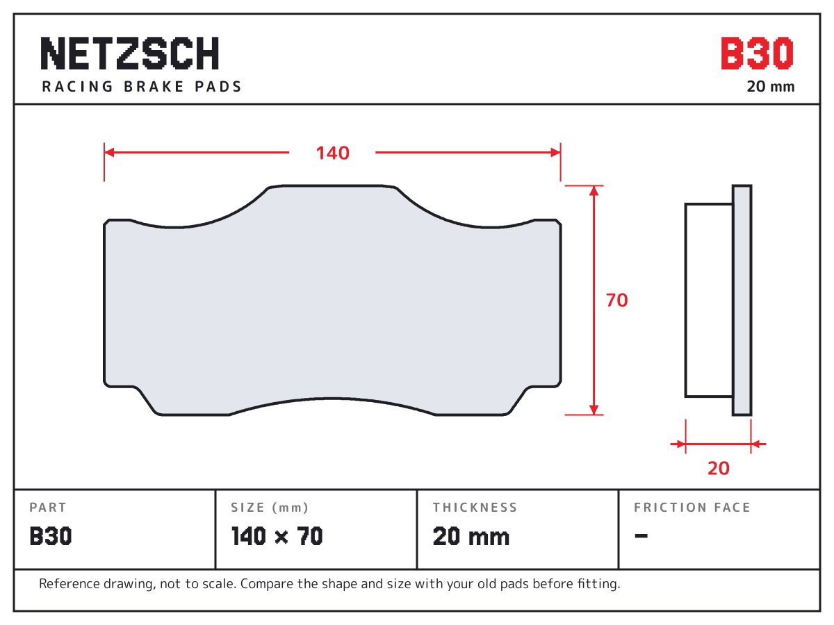 NETZSCH B30 brake pad drawing: 140 × 70 mm, 20 mm thick
