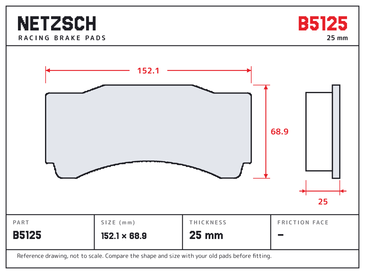 NETZSCH B5125 brake pad drawing: 152.1 × 68.9 mm, 25 mm thick