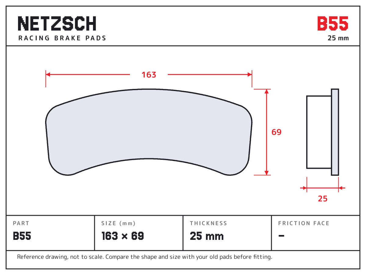 NETZSCH B55 brake pad drawing: 163 × 69 mm, 25 mm thick