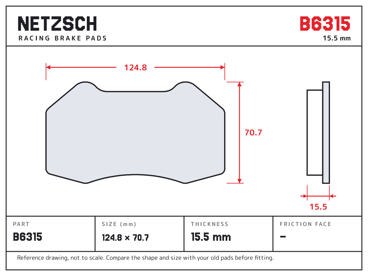 NETZSCH B6315 brake pad drawing: 124.8 × 70.7 mm, 15.5 mm thick