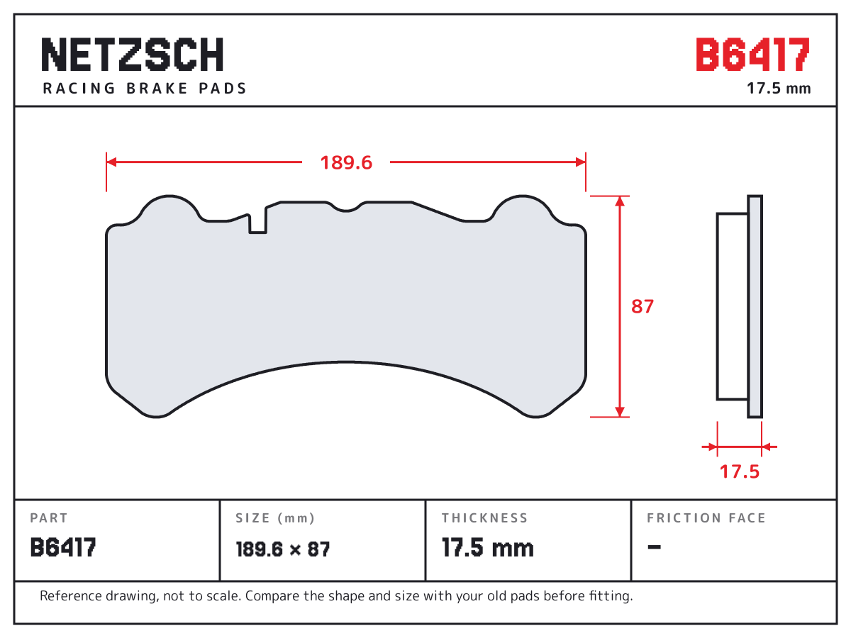 NETZSCH B6417 brake pad drawing: 189.6 × 87 mm, 17.5 mm thick