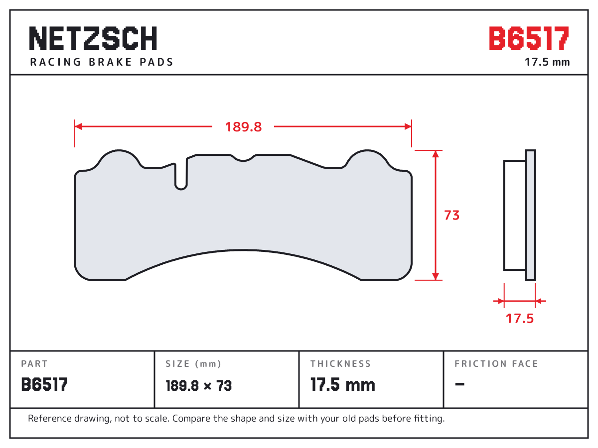 NETZSCH B6517 brake pad drawing: 189.8 × 73 mm, 17.5 mm thick