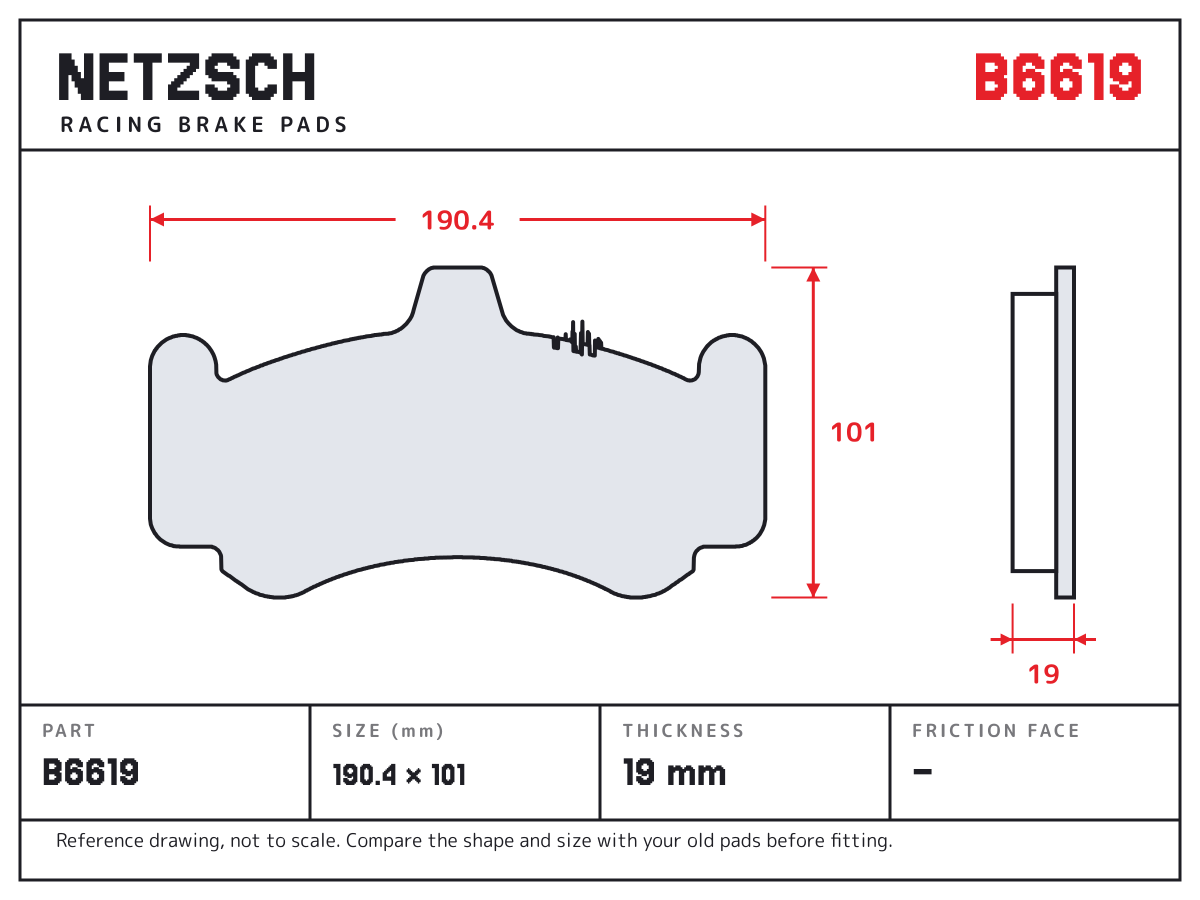 NETZSCH B6619 brake pad drawing: 190.4 × 101 mm, 19 mm thick