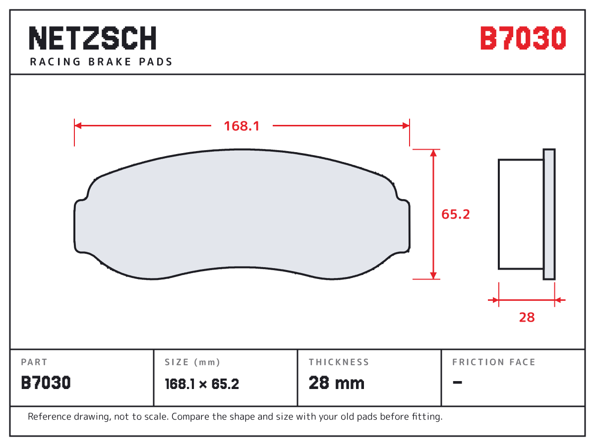 NETZSCH B7030 brake pad drawing: 168.1 × 65.2 mm, 28 mm thick
