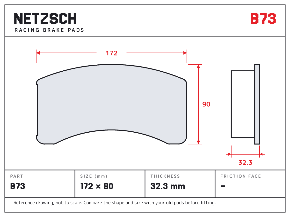 NETZSCH B73 brake pad drawing: 172 × 90 mm, 32.3 mm thick