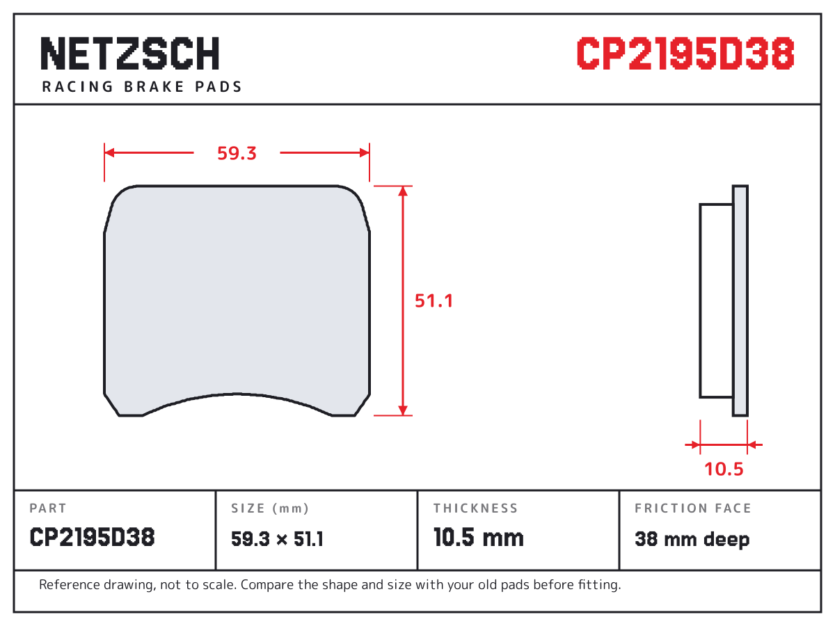 NETZSCH CP2195D38 brake pad drawing: 59.3 × 51.1 mm, 10.5 mm thick