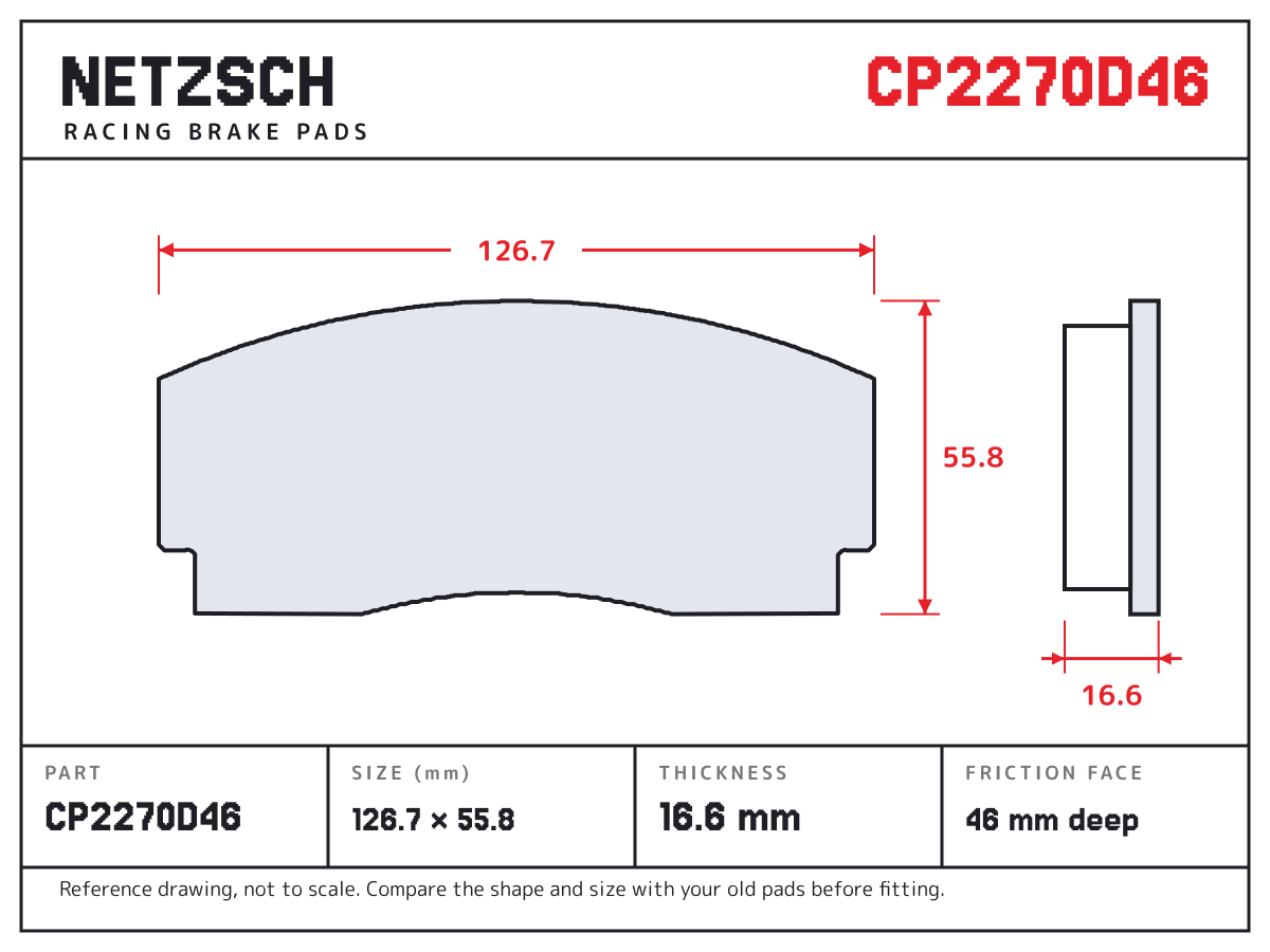 NETZSCH CP2270D46 brake pad drawing: 126.7 × 55.8 mm, 16.6 mm thick