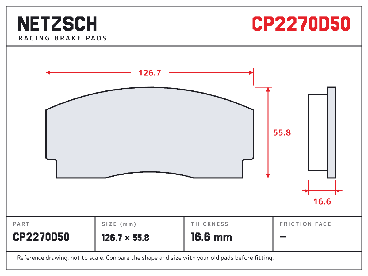 NETZSCH CP2270D50 brake pad drawing: 126.7 × 55.8 mm, 16.6 mm thick