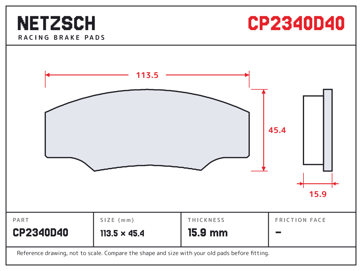 NETZSCH CP2340D40 brake pad drawing: 113.5 × 45.4 mm, 15.9 mm thick