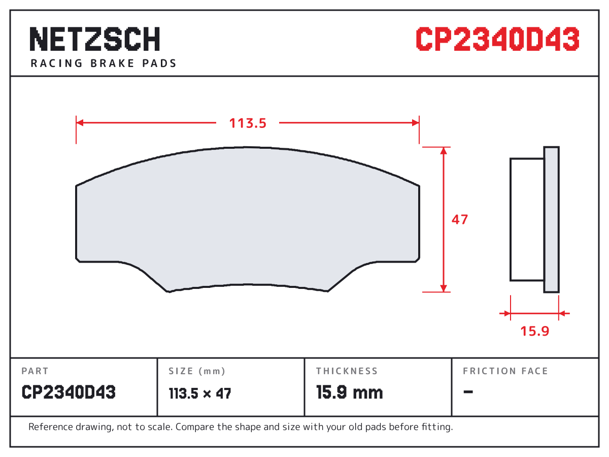 NETZSCH CP2340D43 brake pad drawing: 113.5 × 47 mm, 15.9 mm thick