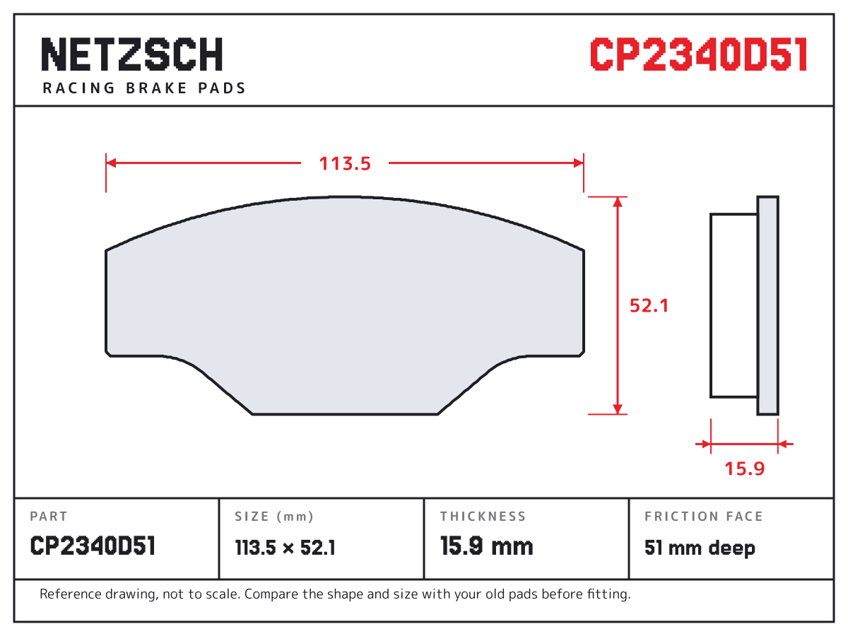 NETZSCH CP2340D51 brake pad drawing: 113.5 × 52.1 mm, 15.9 mm thick