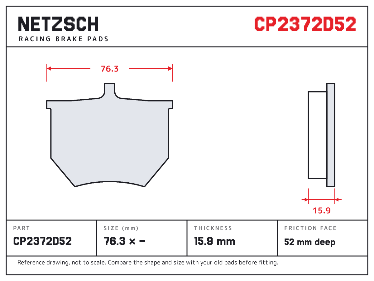 NETZSCH CP2372D52 brake pad drawing: 76.3 × unconfirmed mm, 15.9 mm thick