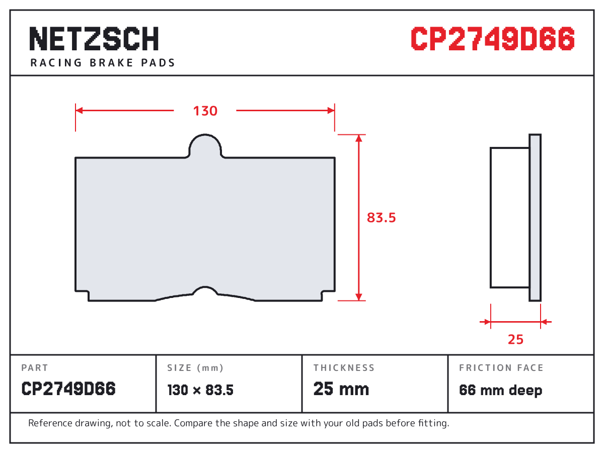 NETZSCH CP2749D66 brake pad drawing: 130 × 83.5 mm, 25 mm thick
